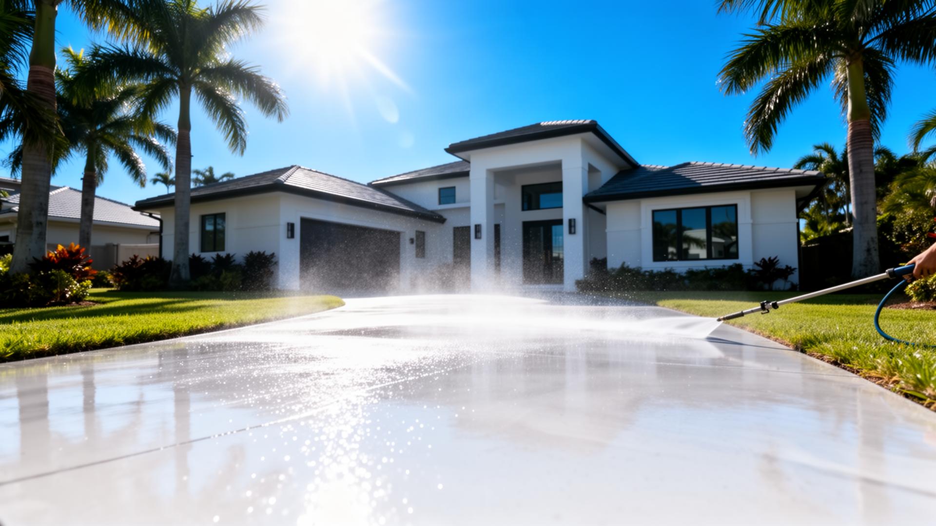 Clean Florida driveway being pressure washed